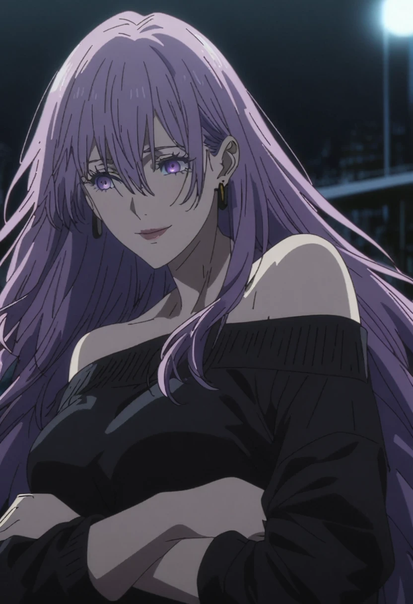 1girl, female gojo satoru, anime screencap from jujutsu kaisen, gojo satoru female version, solo, long_hair, purple eyes (purple_hair)), night view, (hanging breasts) upper_body, smile, purple_eyes, lips, ((wearing black colour sweater, bare shoulder)) breast, "very detailed and high resolution" (purple eyes) ((cross arms)) ((long waby hair, hair between eyes)) ((solo)) (front view) (earings) ((high resolution)) ((good quality)) 