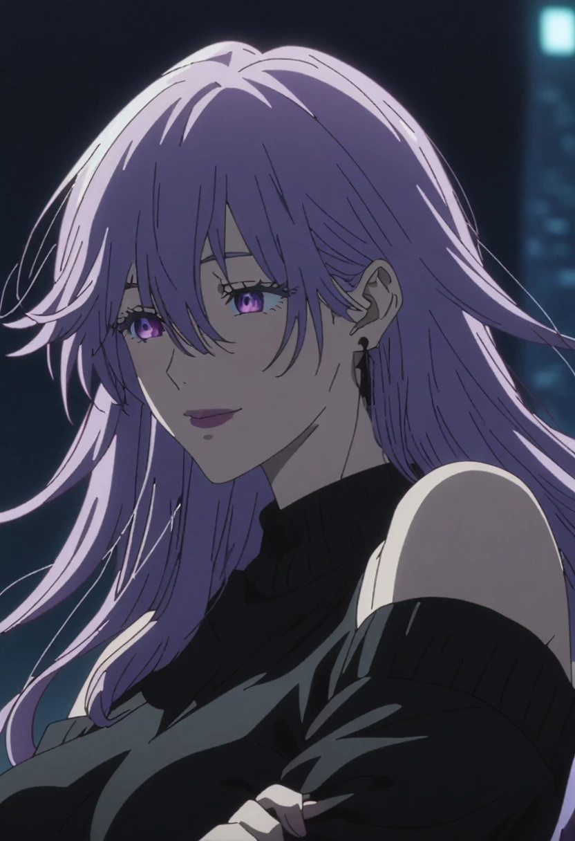 1girl, female gojo satoru, anime screencap from jujutsu kaisen, gojo satoru female version, solo, long_hair, purple eyes (purple_hair)), night view, (hanging breasts) upper_body, smile, purple_eyes, lips, ((wearing black colour sweater, bare shoulder)) breast, "very detailed and high resolution" (purple eyes) ((cross arms)) ((long waby hair, hair between eyes)) ((solo)) (front view) (earings) ((high resolution)) ((good quality))