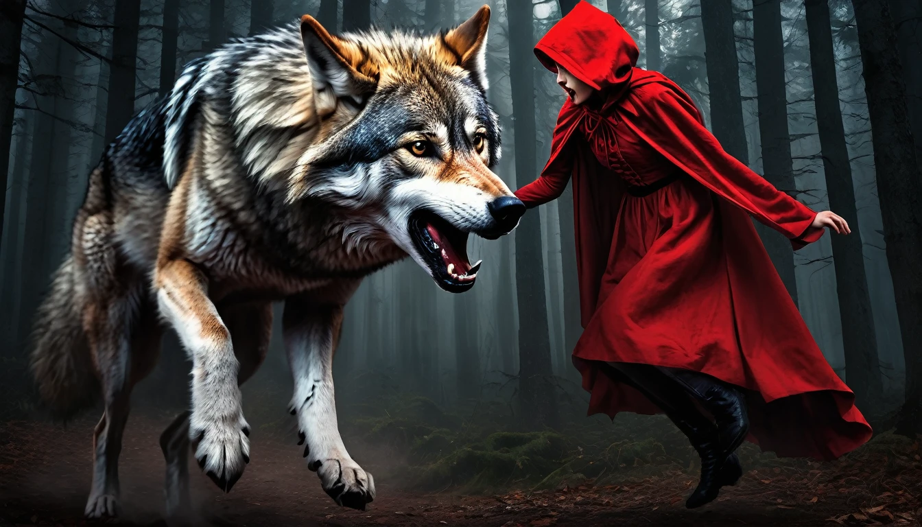 Create a digital artwork depicting the wolf jumping on Red Riding Hood. The scene should capture the moment of action, with the wolf mid-leap, baring its teeth and extending its claws, looking fierce and menacing. Red Riding Hood should be in her iconic red cloak, her face showing shock and fear as she is about to be attacked. The setting should be inside the grandmother's rustic cottage, with dim lighting casting dramatic shadows to enhance the intensity of the moment. Use a dynamic composition with strong contrasts between the dark, menacing figure of the wolf and the vibrant red of Red Riding Hood's cloak. The overall image should evoke a sense of danger and urgency