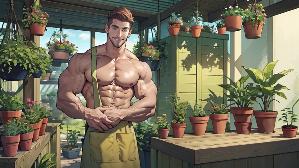 Clear background、A handsome tall man standing, He is 28 years old，Thin waist，The pectoral muscles are well developed, He is 175cm tall，Weight 62 kg、yellow-green eyes、brown hair color、short hair、Shirtless、jeans、looking into camera，Smile，Plant pots，gardening store，apron