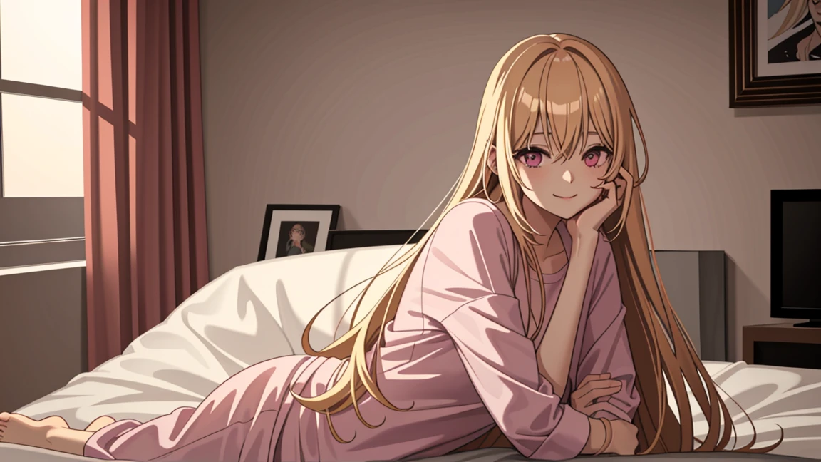 adult woman, pink eyes, long blonde hair, smile, morning, living room, casual clothes