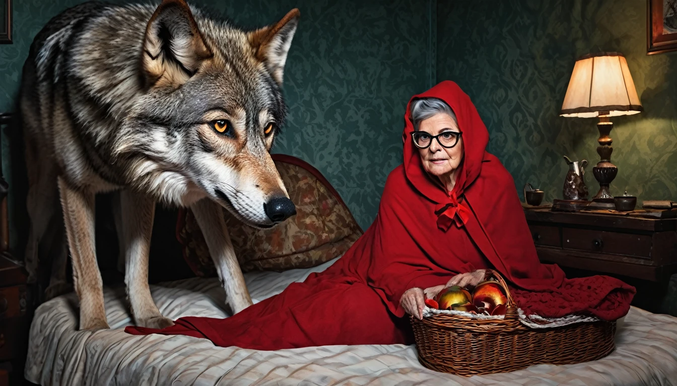 Create a digital artwork depicting the wolf lying on a bed disguised as the grandmother, with Red Riding Hood standing beside the bed. The wolf should be partially covered by a blanket, wearing a nightcap and glasses to mimic the grandmother, but still maintaining a menacing and sly expression. Red Riding Hood should be in her iconic red cloak, holding her basket, with a mixture of curiosity and suspicion on her face. The room should have a rustic, old-fashioned feel with dim lighting, casting eerie shadows. Use a color palette that contrasts the warm, inviting tones of the room with the dark, ominous presence of the wolf. The overall composition should capture the tension and foreboding of this classic scene."