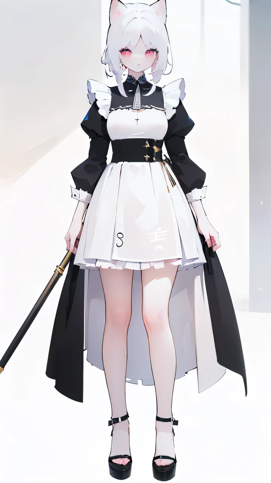 Tsundere 18 year old girl, beautiful and delicate eyes, beautiful lips, very detailed 눈과 얼굴, long eyelashes, 1girl, white cat ears, foot long bag, Front view, Red-eye, (top quality, 4K, 8K, high resolution, masterpiece:1.2), very detailed, (realistic인, realistic인, realistic인, realistic인, realistic: 1.37), very large breasts, Scythe, elegant, fantasy, white background,holding a weapon, maid uniform, I can see my armpits, white hair