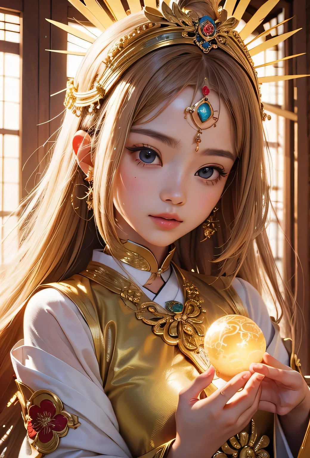 "Child of the Sun, Goddess of Love": Within a sacred sanctuary bathed in sunlight, depict the figure of a sun goddess who governs love, facing forward and emanating divine radiance. She is a , around 3 years old. Zoom in to focus on her face, with a gleaming orb of light in her hands, representing the life-giving power of the sun. Her hair is shimmering gold, and she is wearing a traditional miko outfit as seen in Japanese shrines. The background should be predominantly gold, evoking a sense of divine splendor, with numerous heart-themed objects expressing the beauty of love. The setting is in heaven, enveloped in soft, bright light, where one can find tranquility and peace of mind, free from any trace of anxiety.Straight-on.