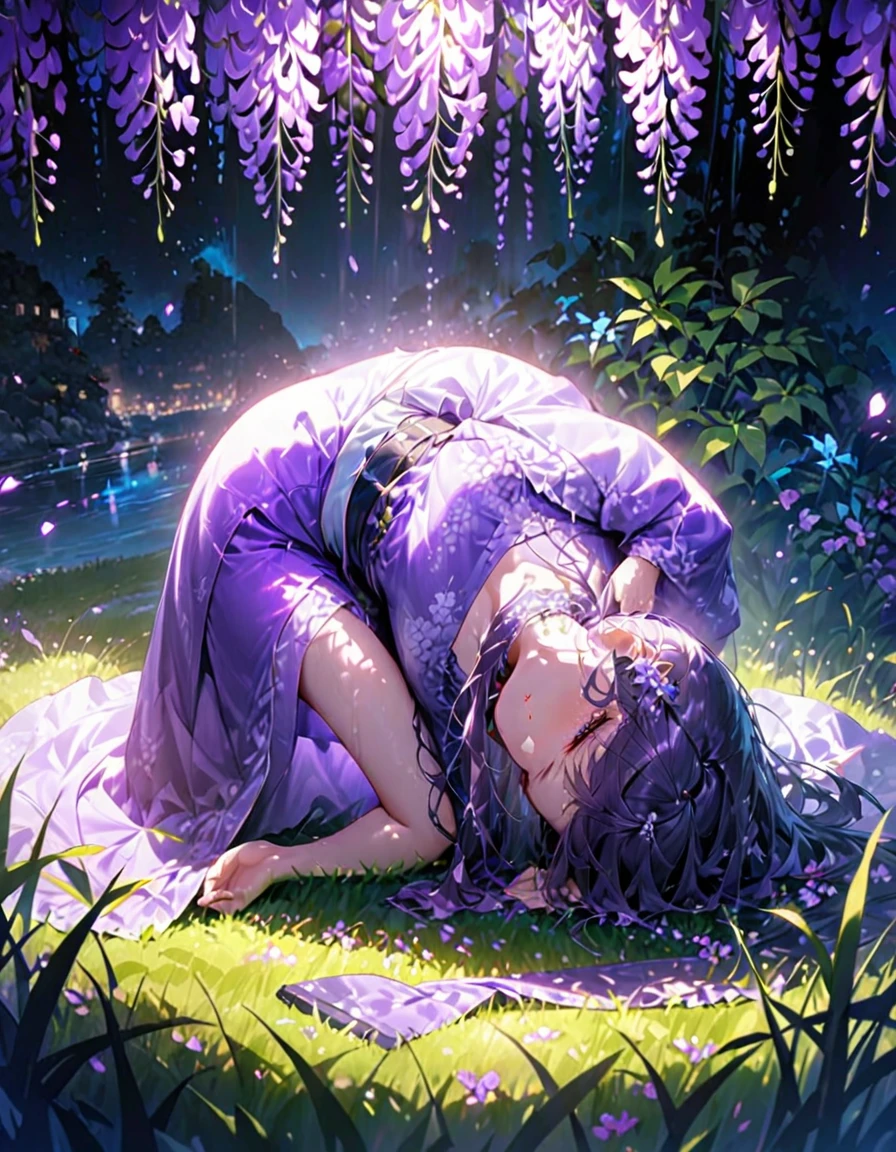 朧月、Woman in purple kimono、Look down、Wisteria flower、Green Grass、night、moonlight、(((masterpiece))), (Highest quality), (Super detailed), (very_expensive_solve), (big_file size), (Full Color)