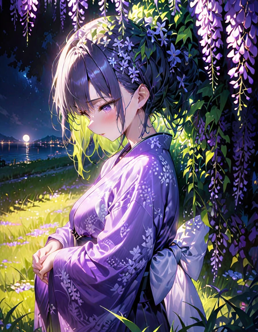 朧月、Woman in purple kimono、Look down、Wisteria flower、Green Grass、night、moonlight、(((masterpiece))), (Highest quality), (Super detailed), (very_expensive_solve), (big_file size), (Full Color)