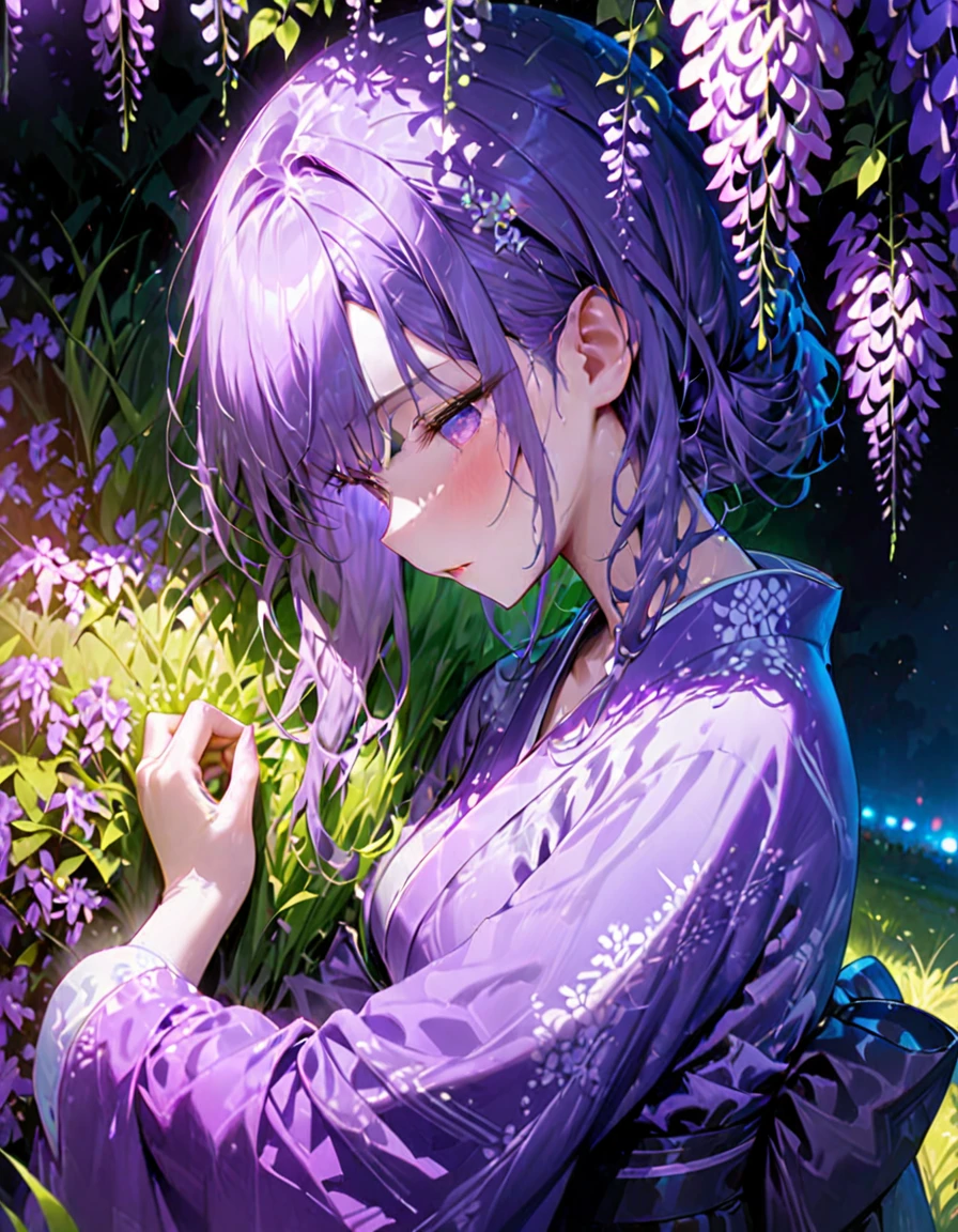 朧月、Woman in purple kimono、Look down、Wisteria flower、Green Grass、night、moonlight、(((masterpiece))), (Highest quality), (Super detailed), (very_expensive_solve), (big_file size), (Full Color)