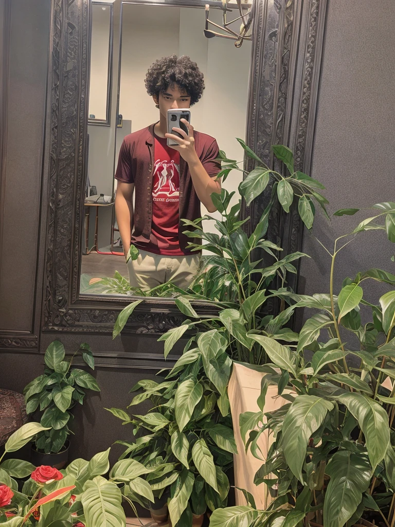 The image shows a young man taking a selfie in front of a mirror. He is wearing a red shirt and has curly black hair.