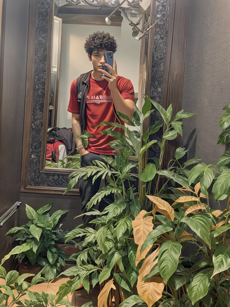 The image shows a young man taking a selfie in front of a mirror. He is wearing a red shirt and has curly black hair.