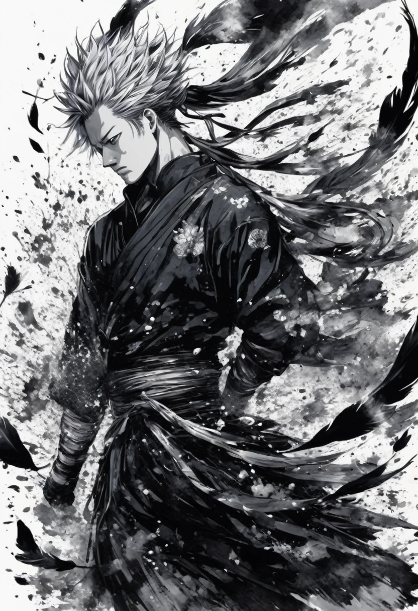 Ink and ink painting,Black and white painting,splash,Beautiful detailed glass hair,Jujutsu Kaisen,Itadori Yuuji,samurai armor,outstretched arms,(butterfly々,Feather powder),