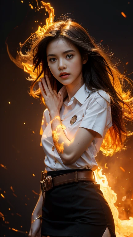 (fire element:1.1), medium long shot, It consists of fire element,fire,transparency,burning,(molten rock),Frame print,burning hair,smoke,cloud,chopped, girl engulfed in flames, Flames fly and sparks scatter,mano burning,translucent luminescence, 18s woman in thai university uniform, long straight fire hair, white shirt, black tight mini skirt, brown belt, white sneakers, masterpiece:1.2, high detail, realistic, cinematic scene, fire goddess, perfect figure, 16k, close up, portrait photo, dynamic powerful pose