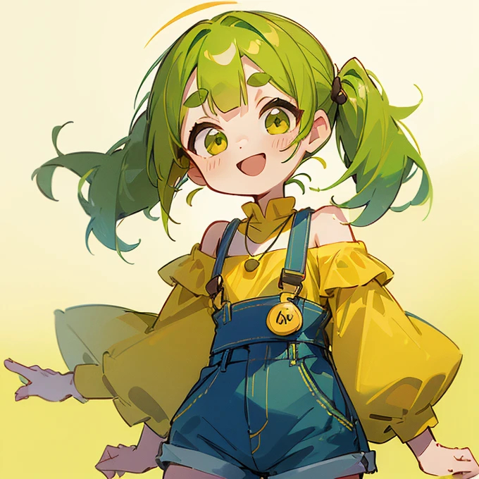 (masterpiece, Highest quality:1.2), (2 head body chibi character:1.1), Yellow-green hair, Twin tails, Yellow-green eyes, Yellow off-shoulder blouse, Denim shorts, Short bangs, Thick eyebrows, Edamame Necklace, A lively atmosphere, smile, View your viewers, (white background photo studio:1.0)