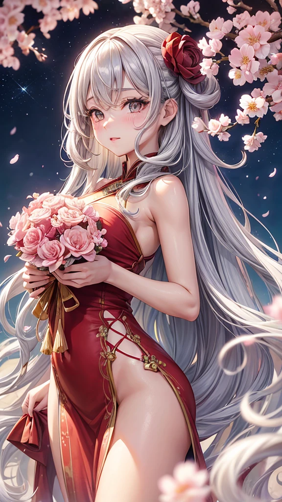 Long gray hair in soft waves. Young and beautiful woman. caramel eyes, Large and expressive, long eyelashes, small nose, Red lips, blushing cheeks, She wears a bouquet of cherry blossoms on the left side of her hair., long bangs framing her face, well proportioned body, wear a beautiful long oriental style dress, background in the dark sky full of bright stars, a large cherry blossom tree on the right side and a bright white full moon on the left 