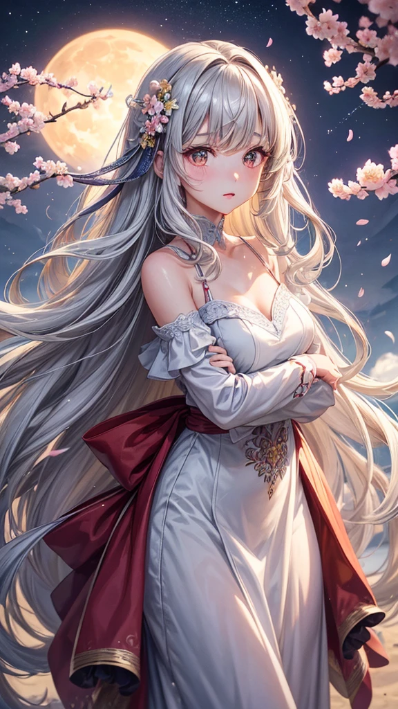 Long gray hair in soft waves. Young and beautiful woman. caramel eyes, Large and expressive, long eyelashes, small nose, Red lips, blushing cheeks, She wears a bouquet of cherry blossoms on the left side of her hair., long bangs framing her face, well proportioned body, wear a beautiful long oriental style dress, background in the dark sky full of bright stars, a large cherry blossom tree on the right side and a bright white full moon on the left 