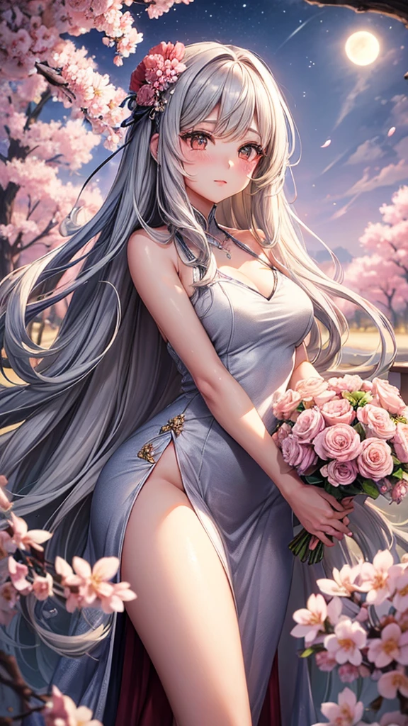 Long gray hair in soft waves. Young and beautiful woman. caramel eyes, Large and expressive, long eyelashes, small nose, Red lips, blushing cheeks, She wears a bouquet of cherry blossoms on the left side of her hair., long bangs framing her face, well proportioned body, wear a beautiful long oriental style dress, background in the dark sky full of bright stars, a large cherry blossom tree on the right side and a bright white full moon on the left 