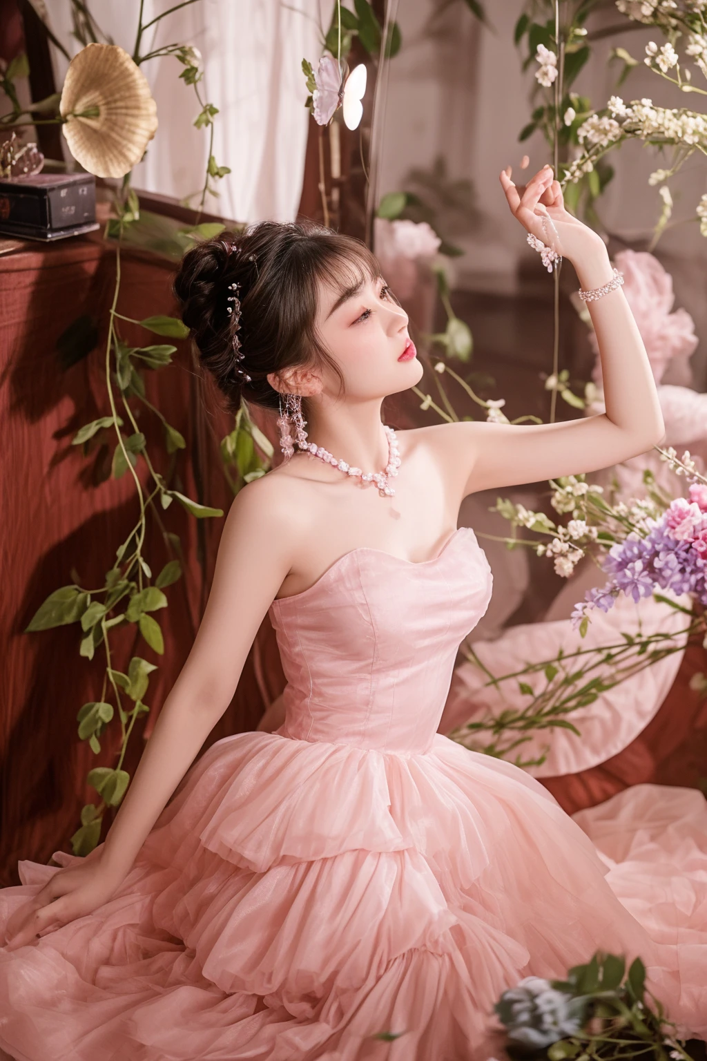 there is a woman sitting on the floor in a pink dress, wearing a pink ballroom gown, girl graceful, dilraba dilmurat, sha xi, wearing organza gown, portrait image, inspired by Tang Yifen, cute elegant pose, wearing pink romantic tutu, dreamy atmosphere and drama, with soft pink colors, inspired by Huang Ji, romantic dress