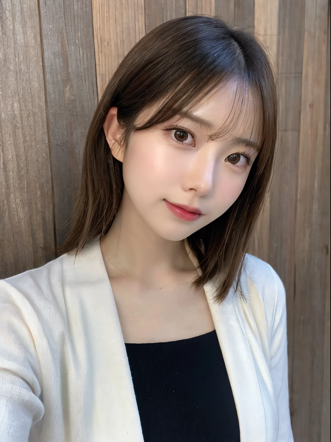 Japanesee mature, (alone), 50 years old, (Wrinkles around the eyes:1.2)、Autumn Clothes、(Highest quality,masterpiece:1.3,Ultra-high resolution,),(Ultra-detailed,Caustics),(Photorealistic:1.4,RAW shooting,)Ultra-Realistic Capture,Very detailed,High resolution 16K for human skin、 The skin texture is natural、The skin looks healthy、The color is also uniform.、 Use natural light and color,One Woman,Japanese、Black-haired,Mid-length hair,(Depth of written boundary、chromatic aberration、、Wide range of lighting、Natural Shading、)、(Photographed in front of a plain wooden wall)、Random Pause、Other shots