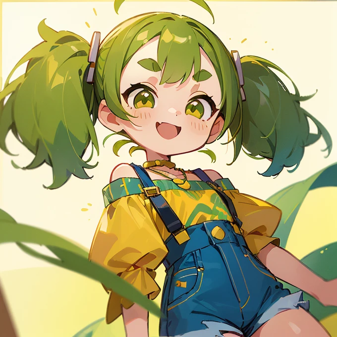 (masterpiece, Highest quality:1.2), (2 head body chibi character:1.1), Yellow-green hair, Twin tails, Yellow-green eyes, Yellow off-shoulder blouse, Denim shorts, Short bangs, Thick eyebrows, Edamame Necklace, A lively atmosphere, smile, View your viewers, (white background photo studio:1.0)