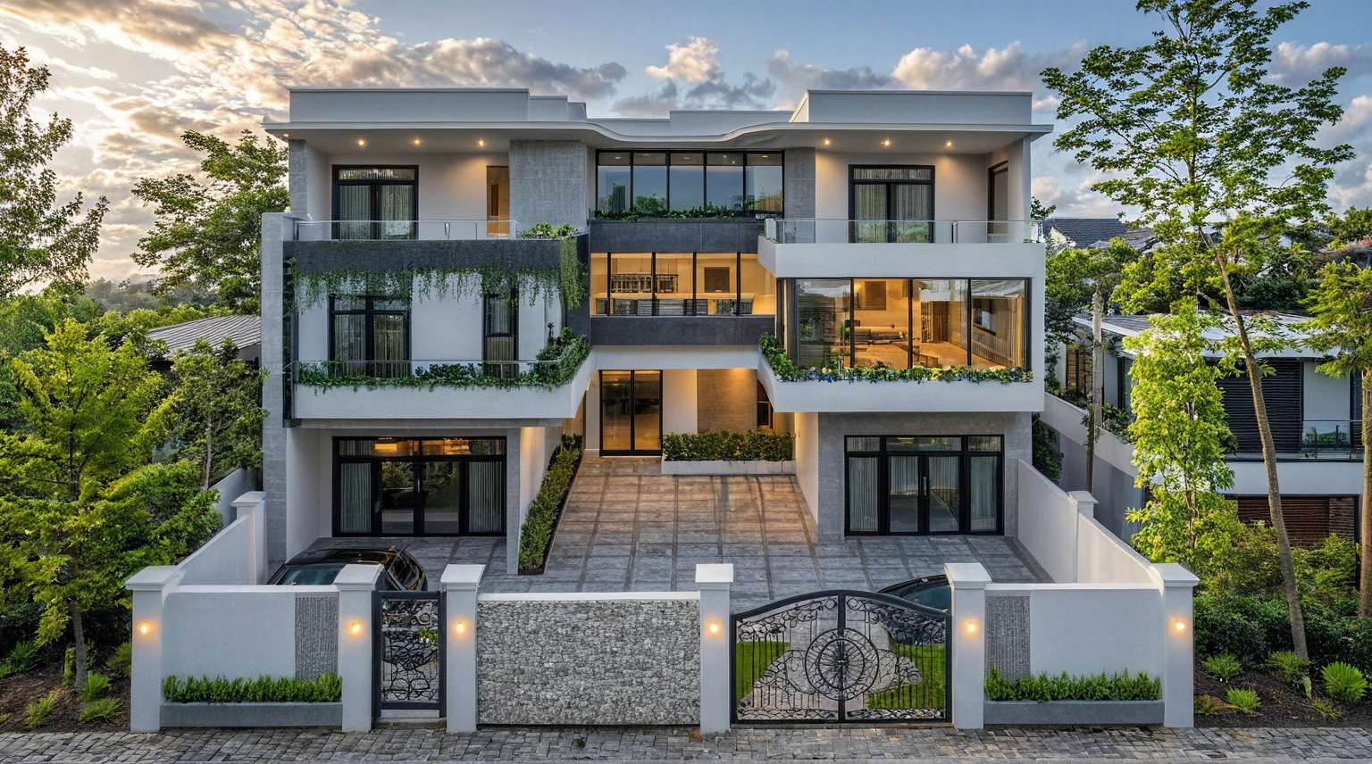 Masterpiece, high quality, best quality, authentic, super detail, outdoors, onestoreyvillaXL, aiaigroup, Raw photo, modern townhouse style, (white wall), curved wall facade, aluminum interior door glass, curved planter, gray tiled accent wall, gray iron box exterior gate, road, sidewalk, grass, trees, sky, clouds, (daylight):1.1)