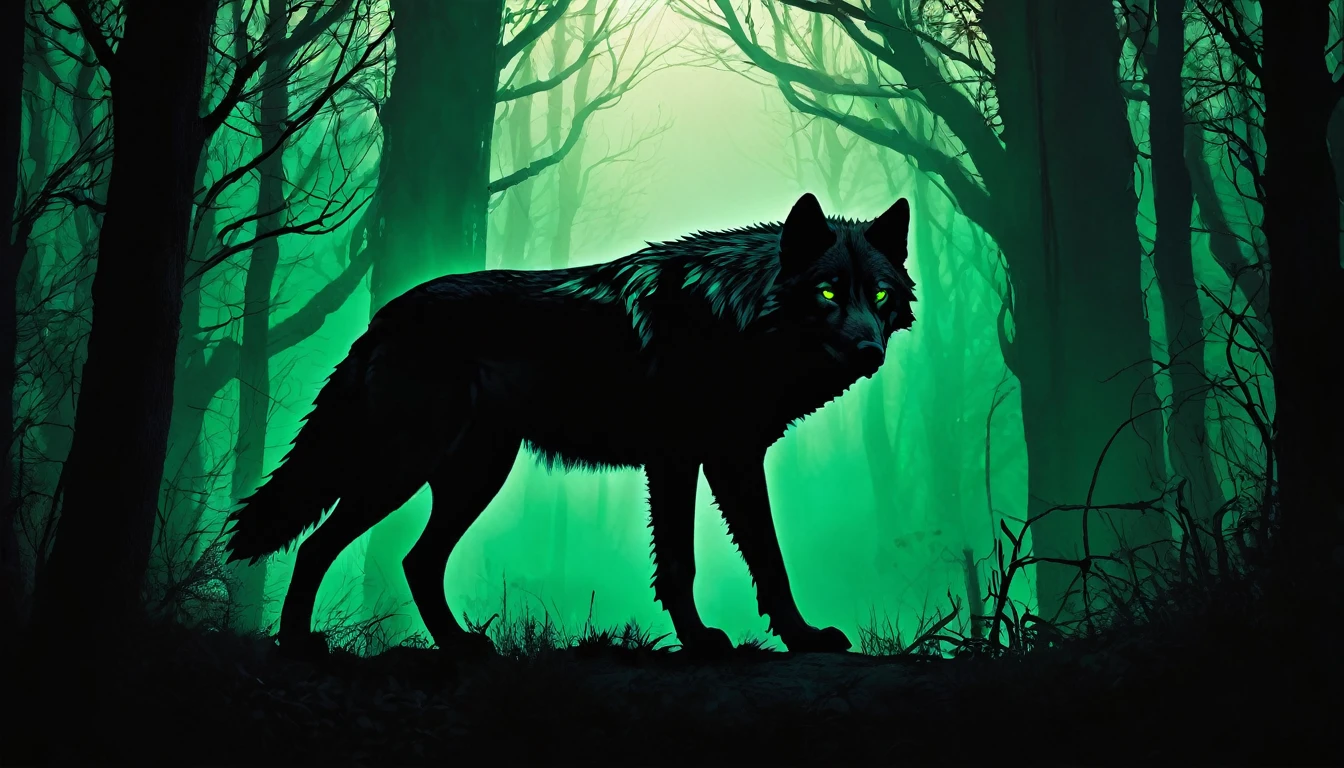 Create a digital artwork featuring a menacing silhouette of a wolf with glowing eyes, lurking in the shadows of a dense forest. The wolf should be partially obscured by the darkness, with only its piercing, glowing eyes and faint outlines visible. The forest should be dense and shadowy, with twisted trees and thick underbrush, creating an eerie and ominous atmosphere. Use a dark color palette with shades of black, grey, and deep green to enhance the sense of danger and mystery. The overall composition should evoke a feeling of fear and suspense, emphasizing the menacing presence of the wolf