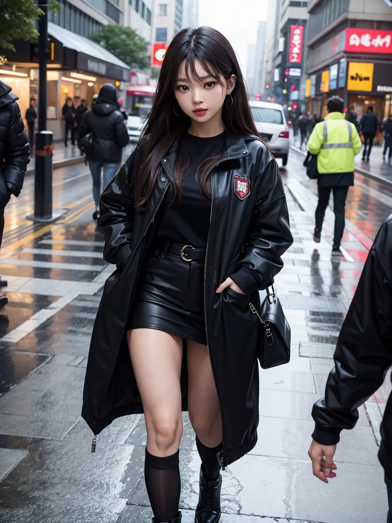 (Jennie Kim), the iconic BLACKPINK rapper and singer, com lábios carnudos, is in Seoul on a rainy day. Despite the downpour, she radiates confidence and style as she walks through the city's busy streets. Her black trench coat matches perfectly with her transparent umbrella., creating a sleek, modern silhouette. Her black hair is wet and stuck to her face, but this only serves to enhance your natural beauty. A faint smile plays on his lips, as she observes the world around her with an air of mystery. City lights flicker and reflect in puddles of water, creating a vibrant and lively urban setting. Foco nos lábios carnudos, foco no rosto, foco na roupa.