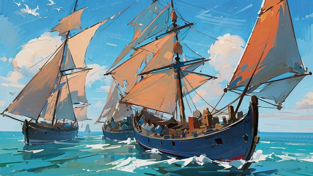 Ship, Medieval ship, Galeon, Sailing ship, open sea, clear sky, painting, digital concept art,