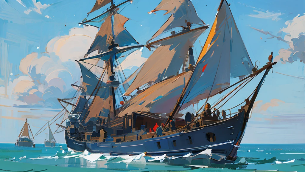Ship, Medieval ship, Galeon, Sailing ship, open sea, clear sky, painting, digital concept art,