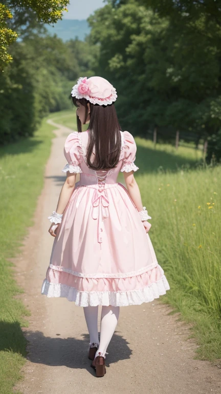 masterpiece、Highest quality、８ｋ、1 Girl、White skin、whole body、Beautiful thighs、Gospel Lolita Fashion、Pink outfit、grassland、Back view、Walking backwards、Don&#39;t look back, just look behind you、((Looking into the distance))、Cute Smile、Very cute face