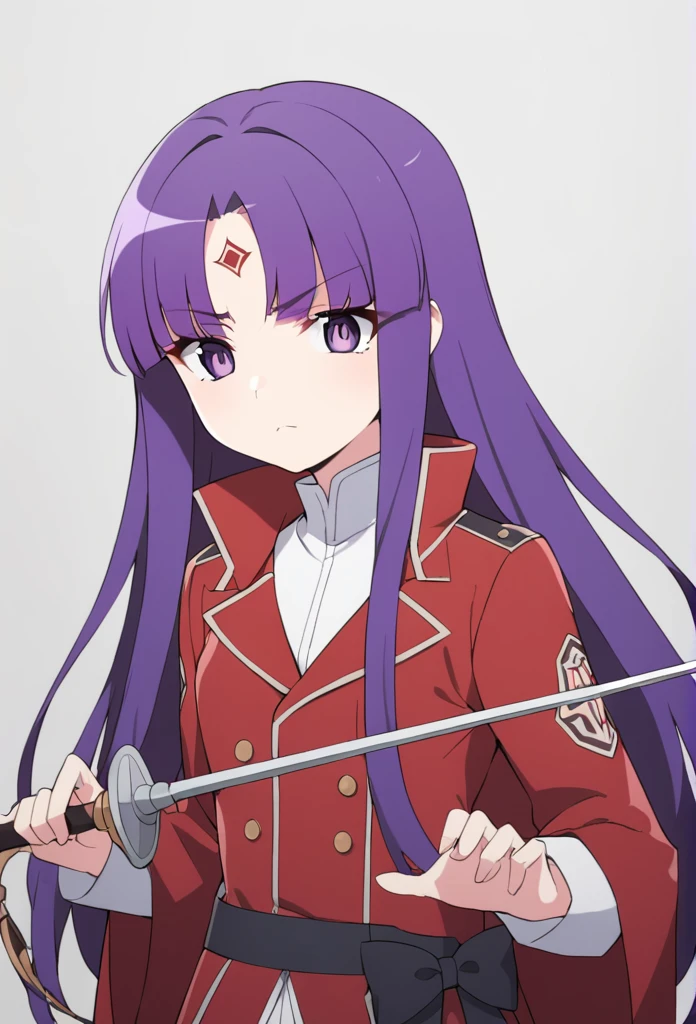 shorth hair, wavy and red, big purple eyes, and a serious expression. She wears a white shirt with a high collar, a black bow and a red coat. There is a small ornament on the forehead, she also holds a rapier sword 