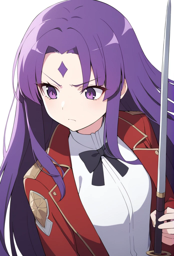 shorth hair, wavy and red, big purple eyes, and a serious expression. She wears a white shirt with a high collar, a black bow and a red coat. There is a small ornament on the forehead, she also holds a rapier sword 