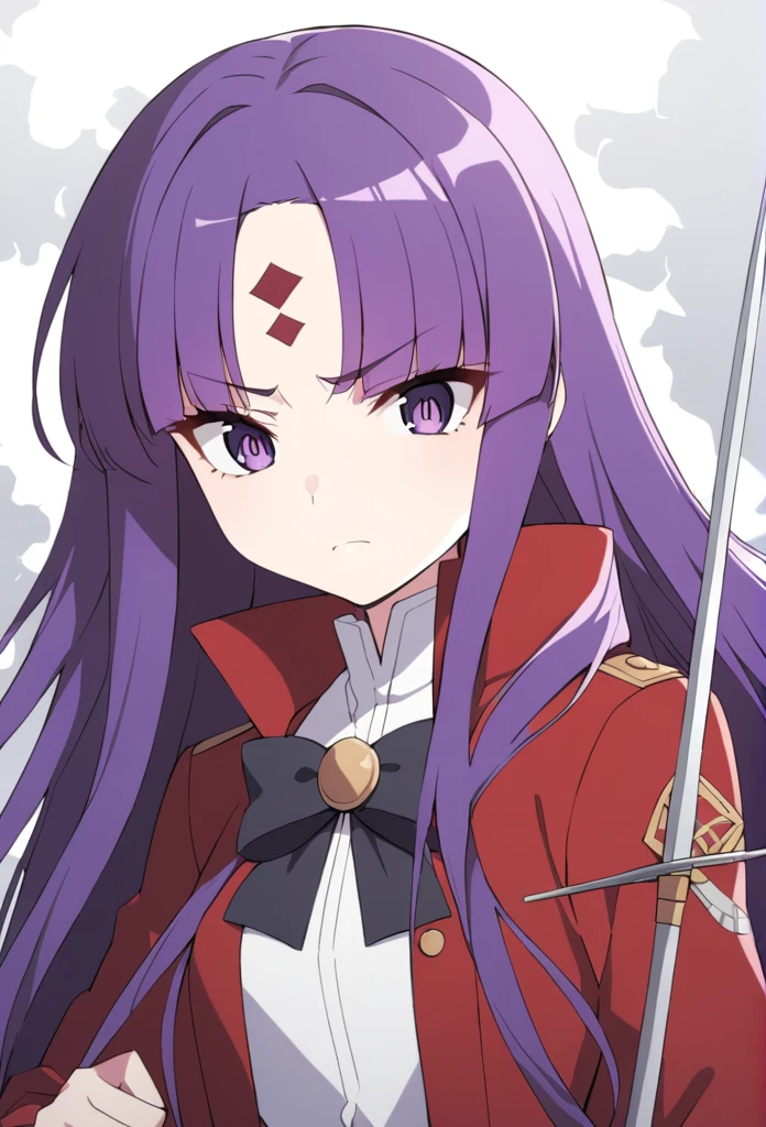 shorth hair, wavy and red, big purple eyes, and a serious expression. She wears a white shirt with a high collar, a black bow and a red coat. There is a small ornament on the forehead, she also holds a rapier sword 