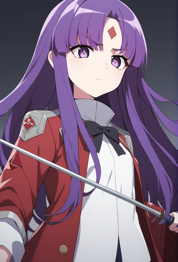 shorth hair, wavy and red, big purple eyes, and a serious expression. She wears a white shirt with a high collar, a black bow and a red coat. There is a small ornament on the forehead, she also holds a rapier sword 