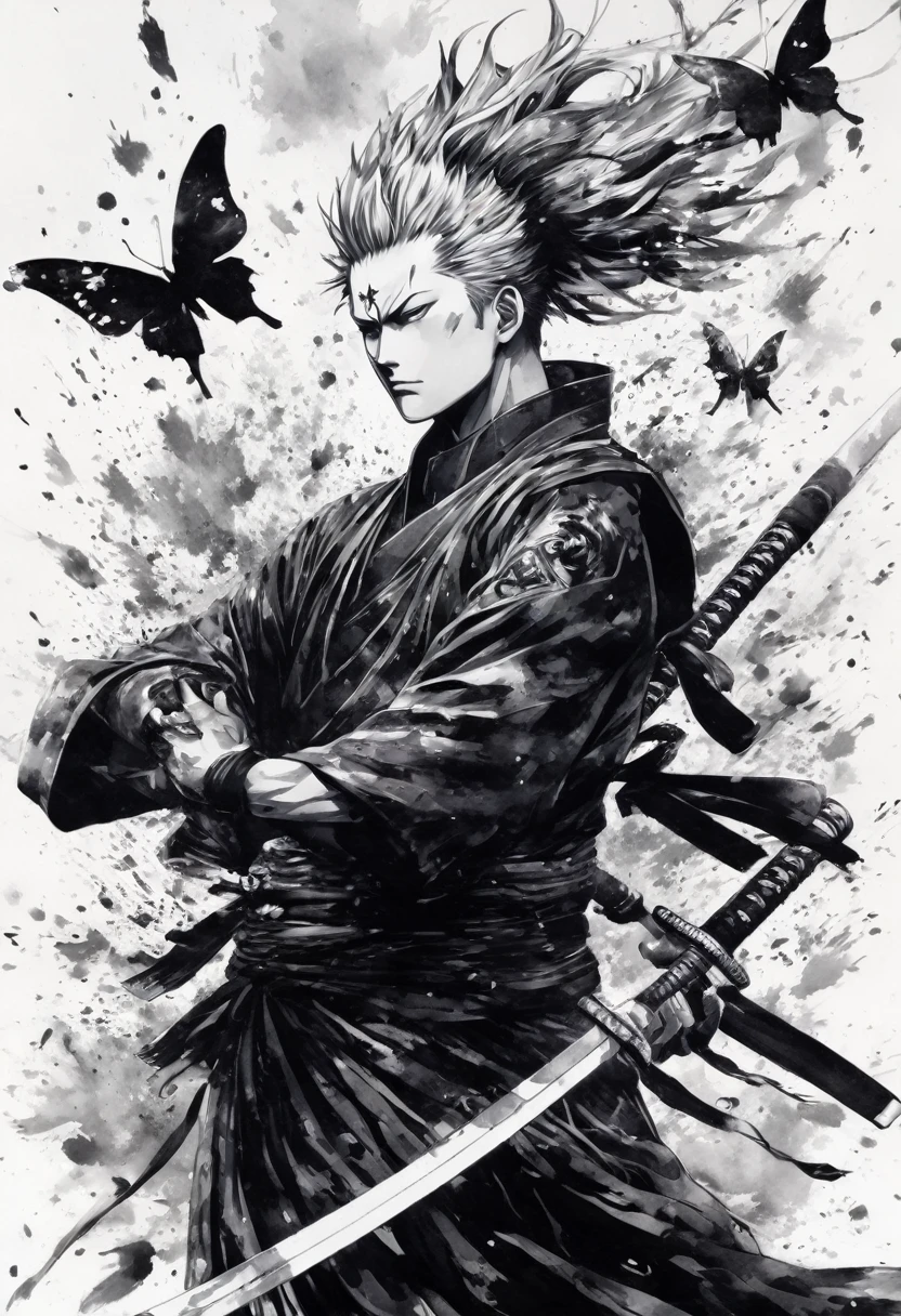 Ink and ink painting,Black and white painting,splash,Beautiful detailed glass hair,Jujutsu Kaisen,Itadori Yuuji,samurai armor,outstretched arms,(butterfly々,Feather powder),