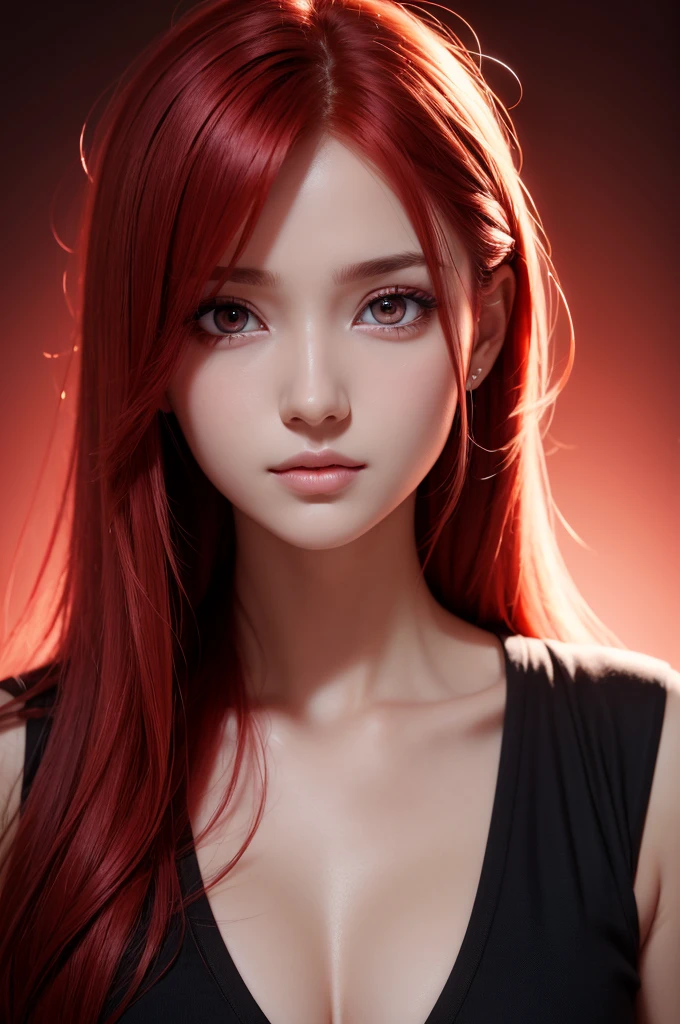 Kizi, star eye, blush, perfect lighting, Red hair, Eyes red, engine unreal, side lighting, face detailed, bangss, shining skin, simple background, darkness background