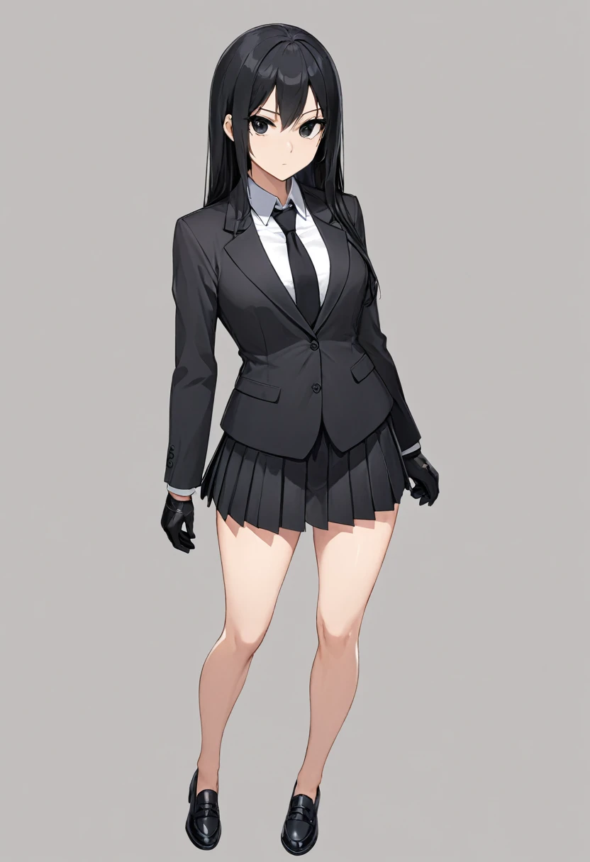 Black miniskirt ,shoes, dress shirt , pleated skirt , black long tie , assassin , whole body ,business attire , Black gloves , shorts blazer , bare legs , black hair , black eyes , straight hair , thighs , whole body , standing posture , face