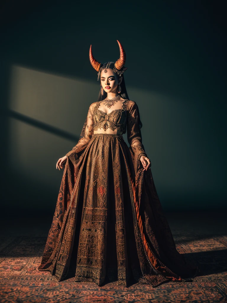 Demon from hell, full body show,Realistic (Wide portrait, masterpiece, highest quality, UHD texture, High quality shadow, intricate details, beautifully detailed, vivid colors, cinematic light, soft glow, bokeh, sharp focus, perfect composition, best quality, 4k, highres, ultra-detailed, polished, complex, elegant, sharp