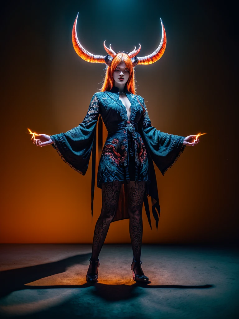 Demon from hell, full body show,Realistic (Wide portrait, masterpiece, highest quality, UHD texture, High quality shadow, intricate details, beautifully detailed, vivid colors, cinematic light, soft glow, bokeh, sharp focus, perfect composition, best quality, 4k, highres, ultra-detailed, polished, complex, elegant, sharp