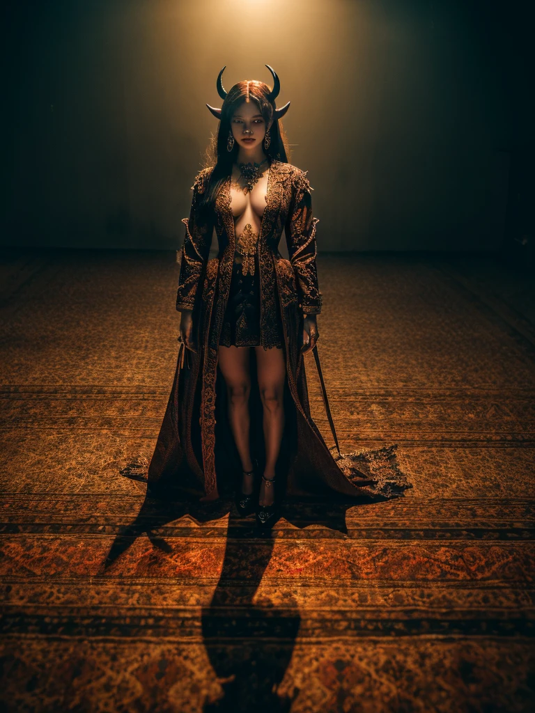 Demon from hell, full body show,Realistic (Wide portrait, masterpiece, highest quality, UHD texture, High quality shadow, intricate details, beautifully detailed, vivid colors, cinematic light, soft glow, bokeh, sharp focus, perfect composition, best quality, 4k, highres, ultra-detailed, polished, complex, elegant, sharp