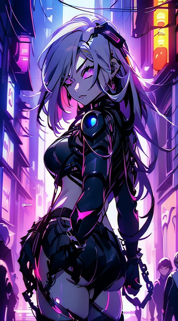 top-quality、Top image quality、masterpiece、Android Girl((sixteen years old 、Broken, skinny , cybersuit glowing black, red and white、neon energy source for the chest 、Light blue shiny hair、Long hair , spiky hair, messy hair, long fringe on hair, holding a chain whip, chains around her body, giant chains, Cyber Skirt、purple neon eyes 、Valley、Happiness、A slender))hiquality、Beautiful Art、Background streets (cyberpunk city、masutepiece、Elaborate design、visualart、Theatrical films, glowing neon eyes, cyberpunk, futuristic, white silver hair, no pupils on eyes