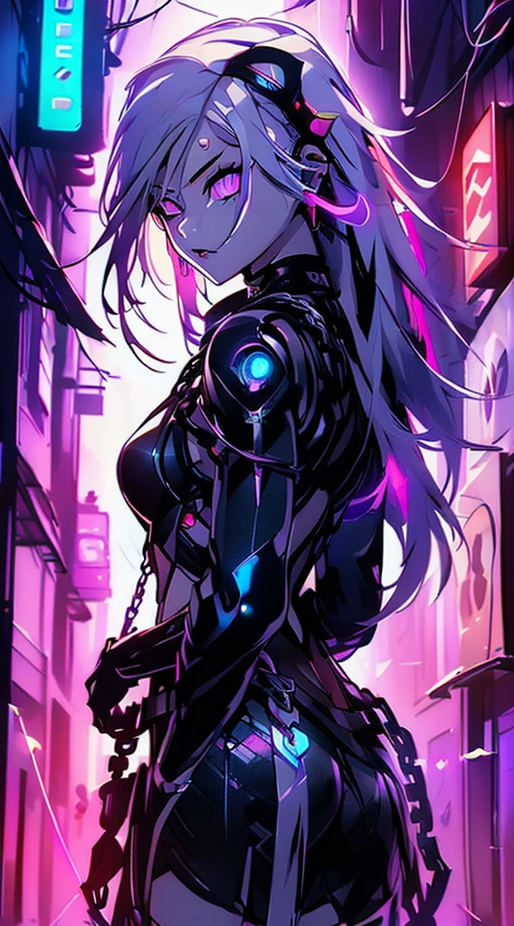 top-quality、Top image quality、masterpiece、Android Girl((sixteen years old 、Broken, skinny , cybersuit glowing black, red and white、neon energy source for the chest 、Light blue shiny hair、Long hair , spiky hair, messy hair, long fringe on hair, holding a chain whip, chains around her body, giant chains, Cyber Skirt、purple neon eyes 、Valley、Happiness、A slender))hiquality、Beautiful Art、Background streets (cyberpunk city、masutepiece、Elaborate design、visualart、Theatrical films, glowing neon eyes, cyberpunk, futuristic, white silver hair, no pupils on eyes