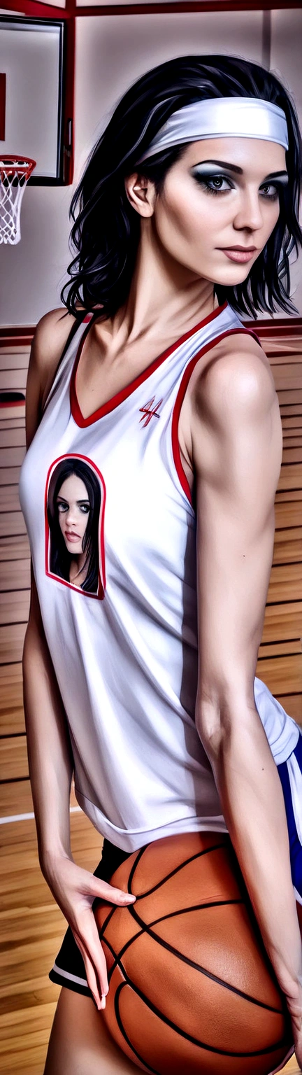 a beautiful goth girl with short hair wearing a headband, black eyes, gorgeous face, perfect body, wearing a basketball jersey, posing on a basketball court, (best quality,4k,8k,highres,masterpiece:1.2),ultra-detailed,(realistic,photorealistic,photo-realistic:1.37),highly detailed face and body,extremely detailed eyes and face,longeyelashes,flawless skin,detailed basketball court,dramatic lighting,moody atmosphere,dark color palette,dramatic shadows