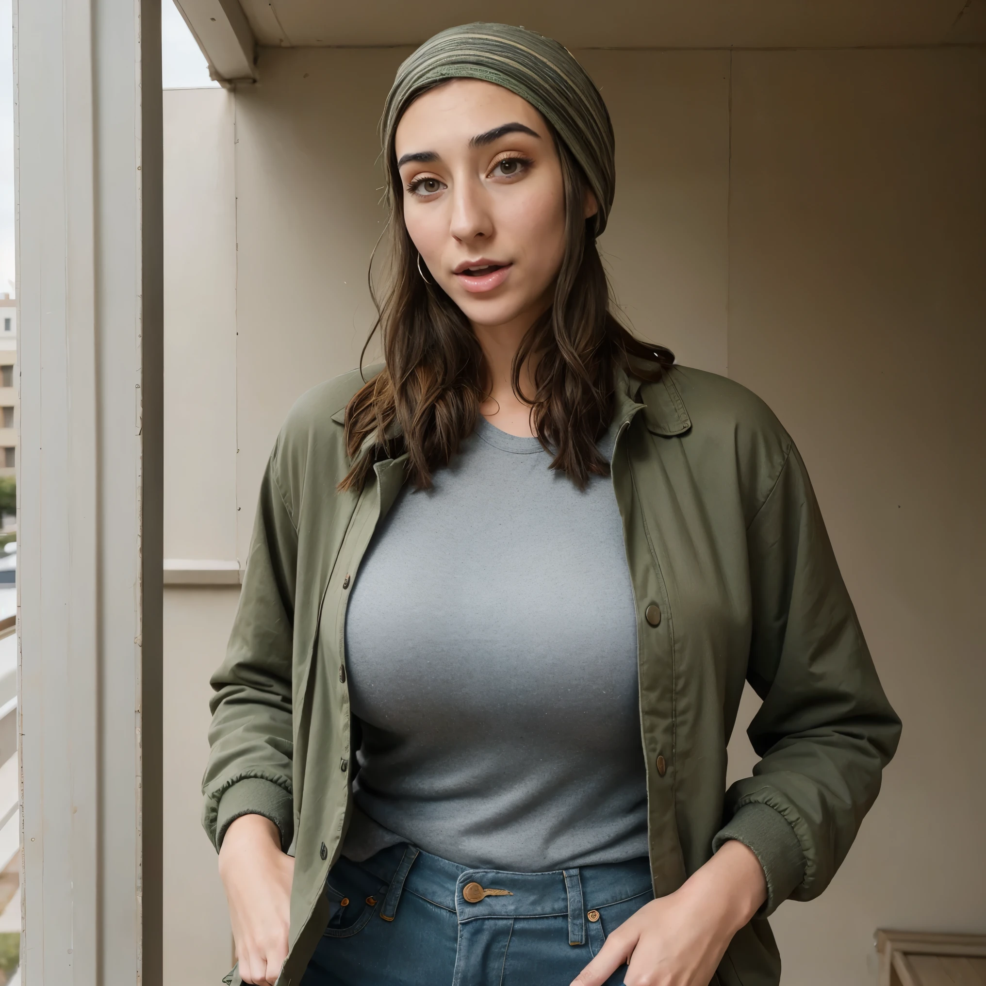 Extremely busty thin and toned brunette photographer, college girl, fair skin, loose side braid, soft face, athletic, bandana babushka headwrap, tight olive green casual windbreaker, skinny jeans. standing in front of her apartment building, outdoors, city, camera bag, cleavage 
