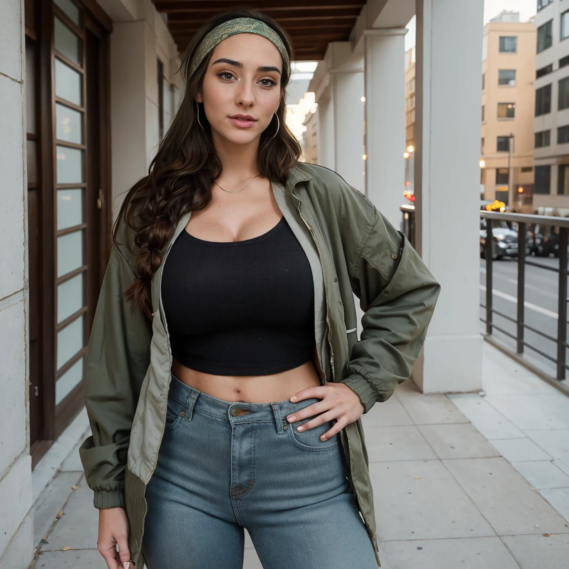 Extremely busty thin and toned brunette photographer, college girl, fair skin, loose side braid, soft face, athletic, bandana babushka headwrap, tight olive green casual windbreaker, skinny jeans. standing in front of her apartment building, outdoors, city, camera bag, cleavage