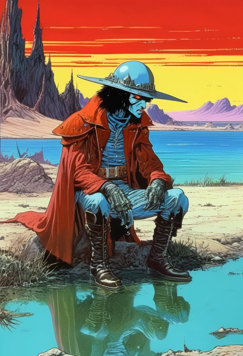 Mobis (Jean Giraud) Style - A picture by Jean Giraud Mobis, The picture shows a vampire killer wearing a spiked helmet resting by the water, 巨大的水晶背景western backdrop in Mobis' signature style with sharp detailing and vibrant colors. Shot with Panavision Panaflex Gold II and Ultra Panavision 70 lenses, The image is full of film grain and low-key lighting，It creates a mysterious and tense atmosphere.