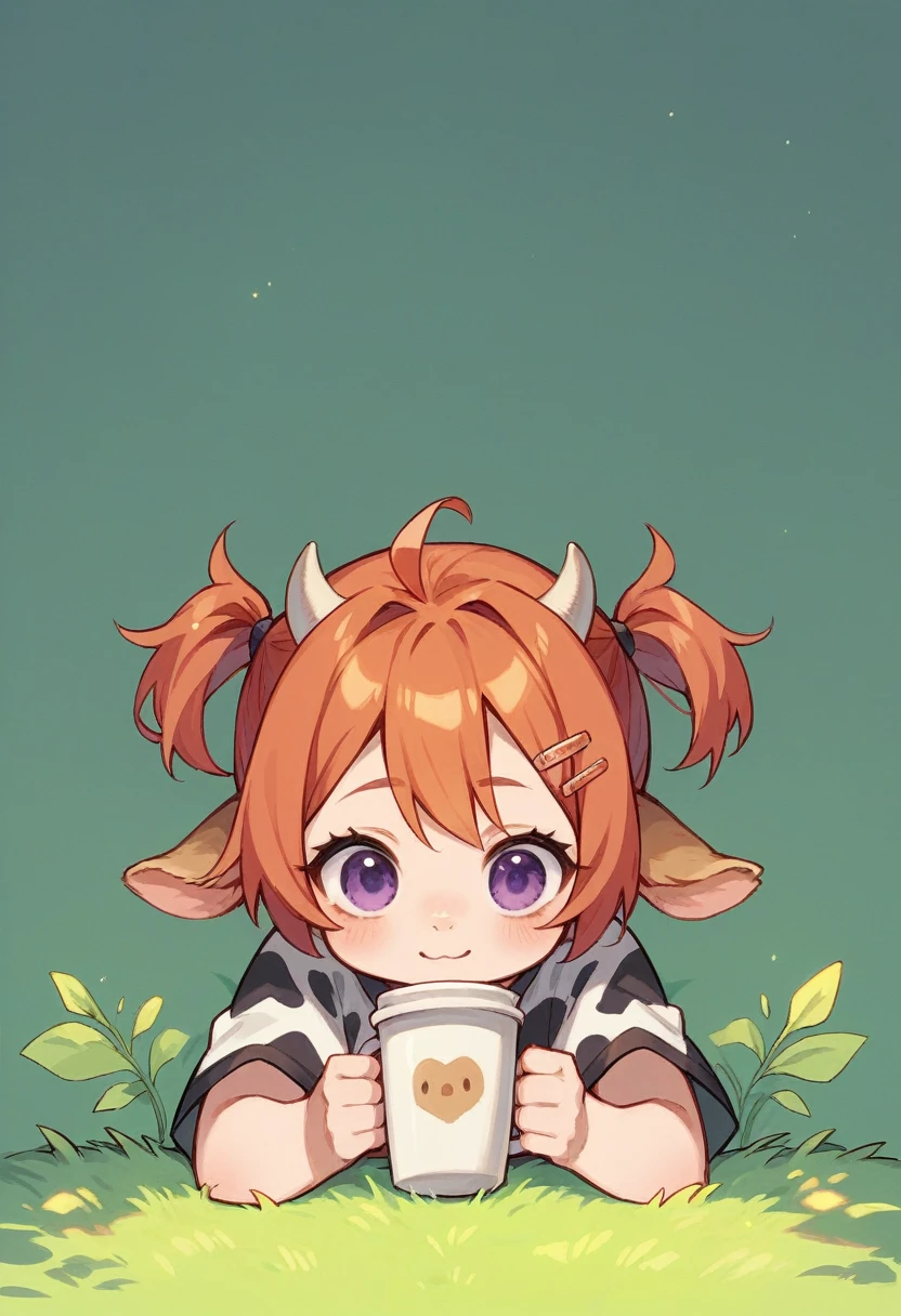 "cute, cute,1 Girl, Short Twin Tails, Redhead, Purple eyes, Cow motif、Her outfit is fluffy and soft., Comes with hair clips and other accessories. Cow print clothing、J Cup、Cow horns grow
