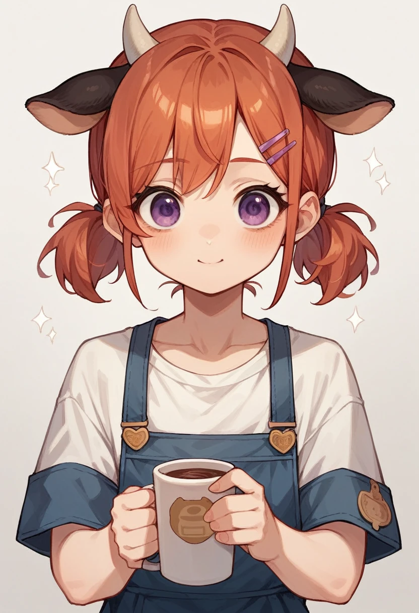 "cute, cute,1 Girl, Short Twin Tails, Redhead, Purple eyes, Cow motif、Her outfit is fluffy and soft., Comes with hair clips and other accessories. Cow print clothing、J Cup、Cow horns grow