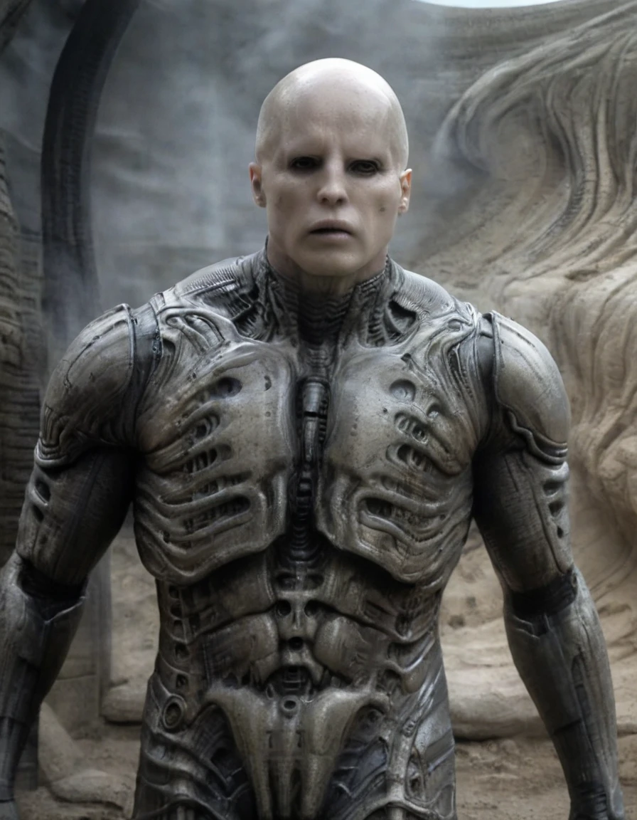 Engineer1024, cinematic movie still of the Prometheus movie by Ridley Scott, a bald pale semi-alien male with dark black eyes, ivory bio-metallic-bone armor inspired by H. R. Giger, extremely detailed pale skin with visible respiratory pores, in a dynamic pose, angry expression, extremely high quality RAW photograph, exquisite details and textures, highly detailed, ultra detailed photograph, dramatic cinematic lighting, 4k, highest resolution, (bokeh:1.3), (best quality, masterpiece:1.3), ultra high res, 16k unity wallpaper, intricate details, highest detailed, sharp focus, extreme shadow-play, low key, backlit, (filmgrain:1.3) dramatic full body shot, wide angle view ancient ruins of an otherworldly alien planet , dusty atmospheric haze, mesmerizing fog, dark pastel colors