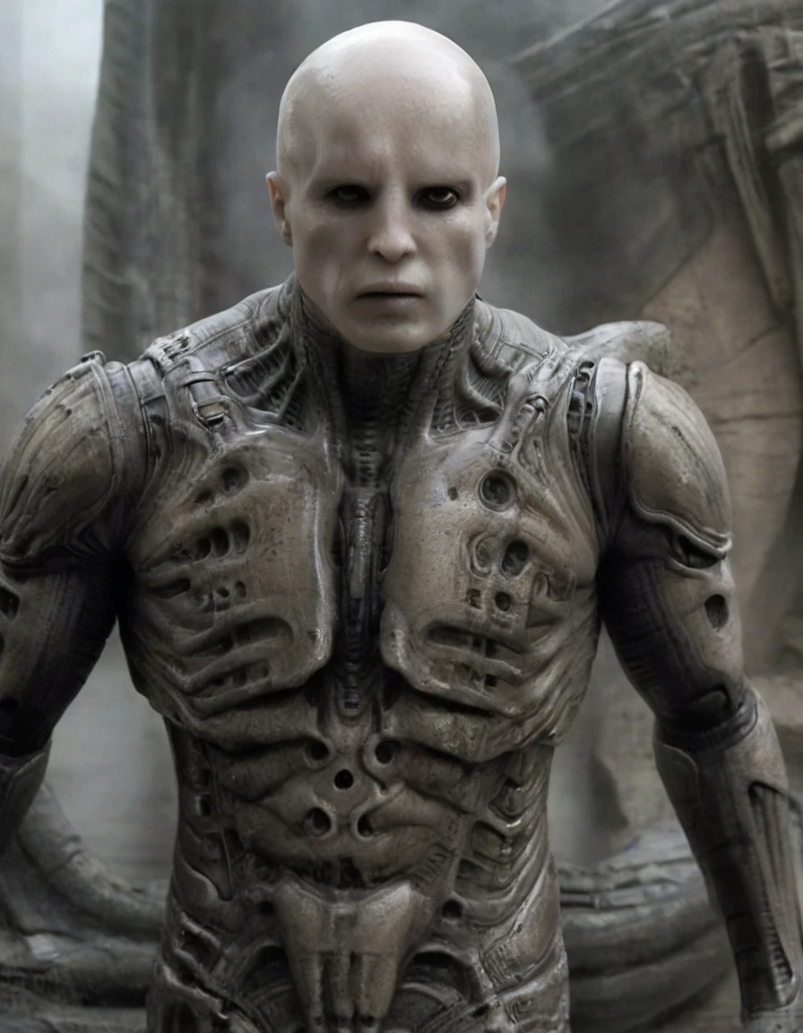 Engineer1024, cinematic movie still of the Prometheus movie by Ridley Scott, a bald pale semi-alien male with dark black eyes, ivory bio-metallic-bone armor inspired by H. R. Giger, extremely detailed pale skin with visible respiratory pores, in a dynamic pose, angry expression, extremely high quality RAW photograph, exquisite details and textures, highly detailed, ultra detailed photograph, dramatic cinematic lighting, 4k, highest resolution, (bokeh:1.3), (best quality, masterpiece:1.3), ultra high res, 16k unity wallpaper, intricate details, highest detailed, sharp focus, extreme shadow-play, low key, backlit, (filmgrain:1.3) dramatic full body shot, wide angle view ancient ruins of an otherworldly alien planet , dusty atmospheric haze, mesmerizing fog, dark pastel colors