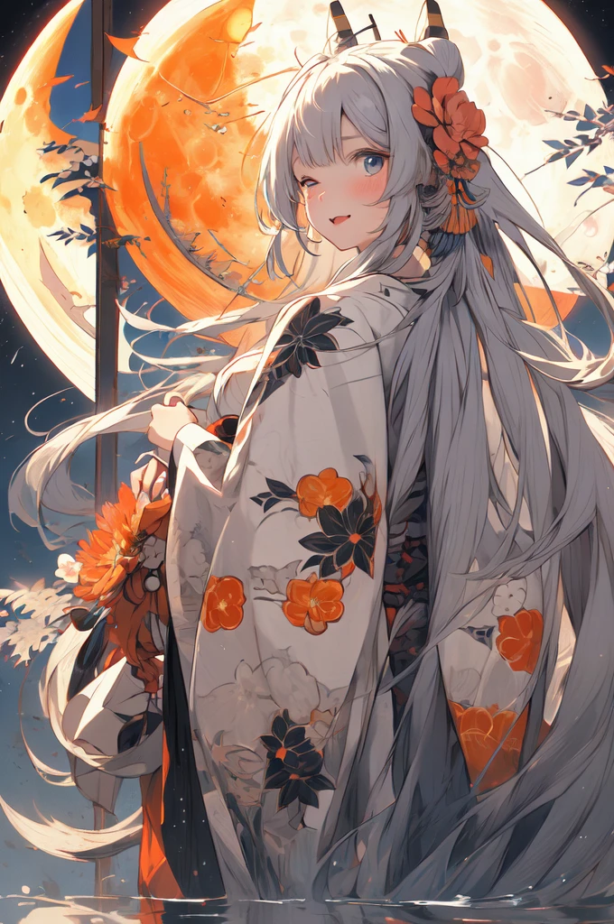 (masterpiece:1.2), Highest quality,Pixiv,  As the moon,
One girl, alone, kimono, Long Hair, kimono, hair ornaments, View your viewers, flower, Gray Hair, Holding, blue eyes, hair flower, Ahoge, bangs, Long sleeve, Wide sleeves, moon, blush, flower柄プリント, print kimono, Are standing, Mouth closed, Holding flower, night
 