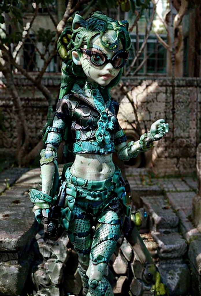 Boy half snake hair is short and styled into a pompadour, with reflections in shades of green that resemble snake scales. Your eyes are piercing, with emerald green irises, and he often wears sunglasses. Your skin is green like a snake's skin.. wearing cool and modern clothes, often with details inspired by reptilian elements, such as scale prints or accessories that resemble snake fangs.